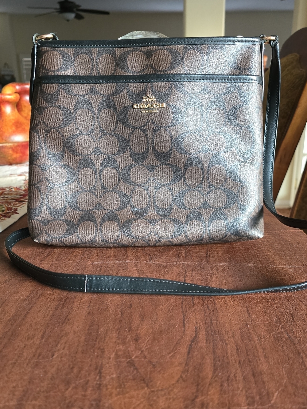 Coach Signature Zip File Crossbody Bag Khaki Petal